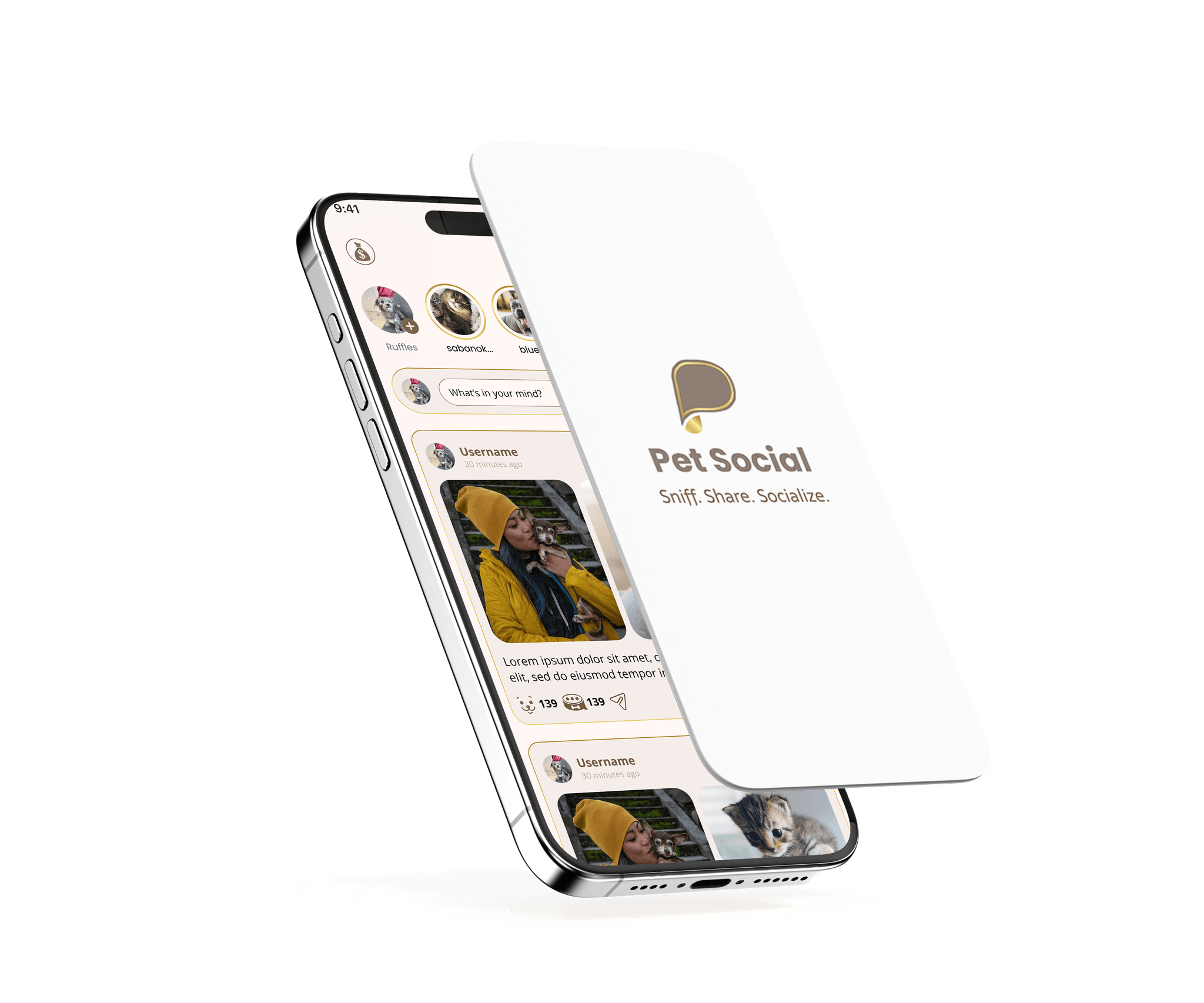 PetSocial Community Feed showing pet posts and social interactions